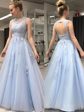 Cheap 2019 Blue Princess Sleeveless Sheer Neck Floor-Length Applique Tulle Prom Dresses