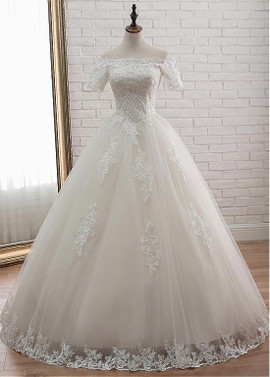 Short Sleeve Tulle Off-the-shoulder Ball Gown Wedding Dress