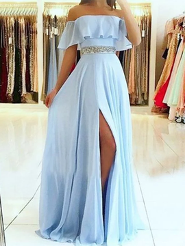 Off-the-Shoulder Floor-Length Beading Chiffon Princess Sleeveless Blue Prom Dresses