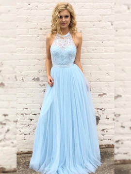 Shop 2019 Lace Halter Sleeveless Floor-Length A-Line Princess Tulle Prom Dresses
