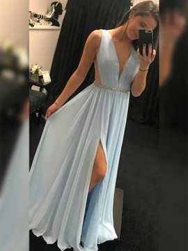 Shop 2019 A-Line Princess Sash/Ribbon/Belt V-neck Sleeveless Blue Chiffon Prom Dresses