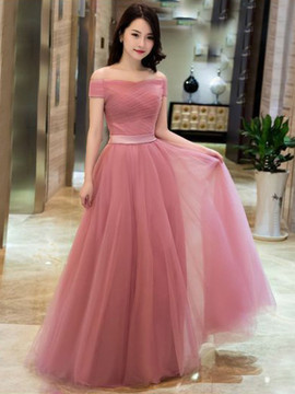 Pink A-Line Princess Ruffles Off-the-Shoulder Sleeveless Floor-Length Tulle Prom Dresses