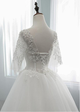  Beading Scoop See-through Bodice Ball Gown Wedding Dress