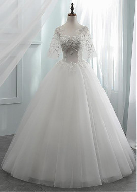  Beading Scoop See-through Bodice Ball Gown Wedding Dress
