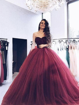 Shop 2019 Burgundy Ball Gown Sweetheart Sleeveless Sweep/Brush Train Beading Tulle Prom Dress