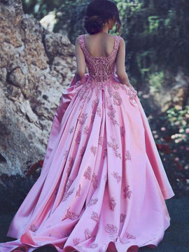 A-Line/Princess Sweetheart Sleeveless Pink Applique Satin Prom Dresses