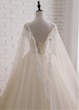 Champagne Jewel Neckline Ball Gown Wedding Dress with shawl