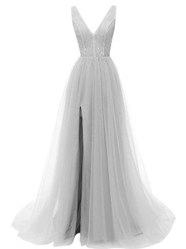 Shop 2019  Sexy Deep V Neck Sequins Beads Tulle and Lace High Split Long Prom Dress