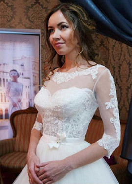 Half Sleeve Scoop Belt Ball Gown Wedding Dress