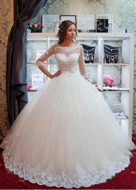 Half Sleeve Scoop Belt Ball Gown Wedding Dress