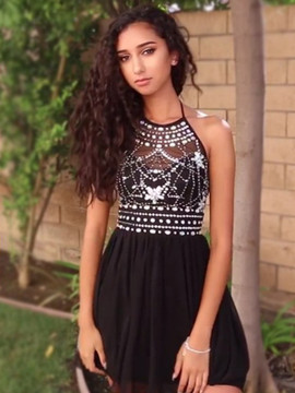 Shop 2019 A-Line Black Chiffon Beading Halter Sleeveless Short/Mini Homecoming Dress