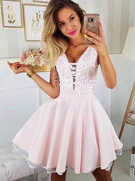 Cheap 2019 Princess Satin Applique V-neck Pink Short Mini Homecoming Dress