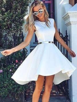 White Princess Satin Belt Scoop Short Mini Homecoming Dress