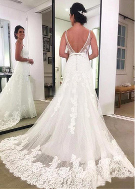 Polka Dot Tulle Spaghetti Straps Belt  A-line Wedding Dress