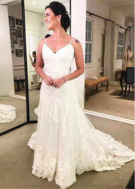 Polka Dot Tulle Spaghetti Straps Belt  A-line Wedding Dress