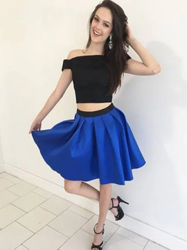 Shop 2019  A-Line Off-the-Shoulder Satin Ruffles Two Piece Short Mini Homecoming Dress