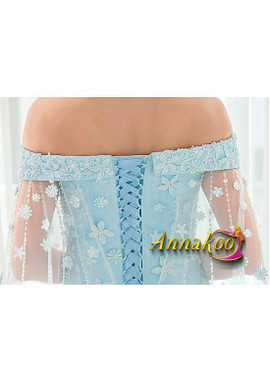 Ice Blue Beading Off-the-shoulder Neckline A-line Prom Dress