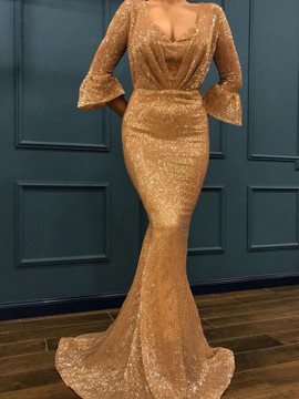 Cheap 2019 Trumpet Mermaid 3/4 Sleeves V-neck Gold Ruffles Sequins Prom Dress