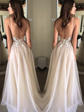 Shop 2019 Sexy A-Line Princess Spaghetti Straps  Applique Chiffon Prom Dress