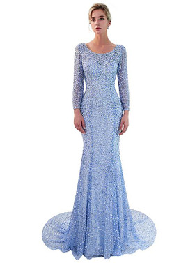 Beading Blue Tulle Scoop Neckline Mermaid Evening Dress 