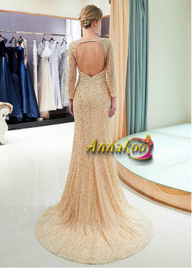 Beading Blue Tulle Scoop Neckline Mermaid Evening Dress 