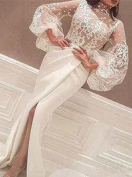 Cheap 2019 White Trumpet Mermaid Long Sleeves High Neck Lace Satin Prom Dress