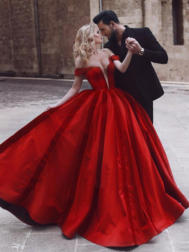 Ball Gown Dark Red Off-the-Shoulder  Ruffles Satin Prom Dress