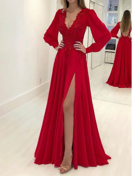 Cheap Red Red A-Line Princess Long Sleeves V-neck Red Applique Chiffon Prom Dress