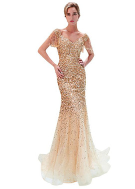 Burgundy Tulle V-neck Long Beading Mermaid Evening Dress