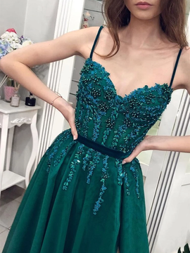 Shop Cheap Sweetheart Neck Bead A Line Spaghetti Straps Green Long Prom Dress with Slit