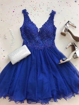 Shop 2019 A Line V Neck Beading Lace Royal Blue Short Homecoming Dress