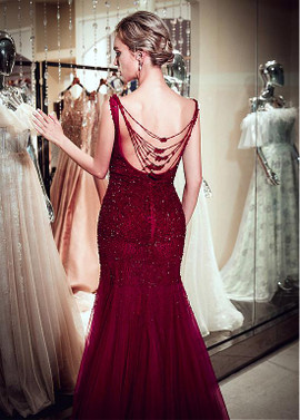 Maroon Tulle Bateau Long Mermaid Evening Dress With Beadings