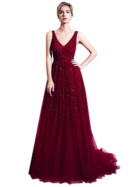 Burgundy Tulle V-neck Beading  A-line Evening Dress 