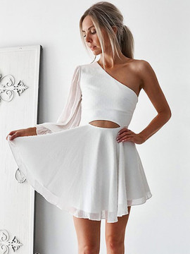 Cheap Shop White A-Line Chiffon One-Shoulder Long Sleeves Ruffles Short/Mini Prom Dress