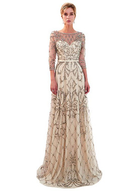 Champagne Tulle Bateau Long A-line Evening  Prom Dress