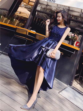 Sexy Round Neck High Low Satin Lace Navy Blue Prom Dress