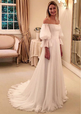 Simple Lovely A-line Chiffon Off The Shoulder Wedding Dresses With Puff Sleeves