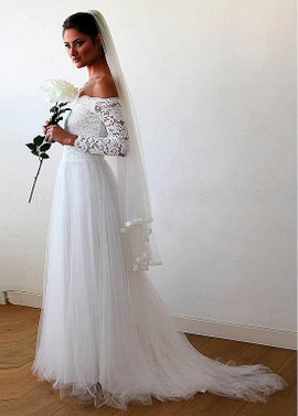 Chic Lace Tulle Short Wedding Reception Dress with Long Sleeves Sheer  Neckline #E8973 