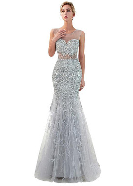 Silver Tulle Scoop Mermaid Evening Dress With Beadings & Feathers