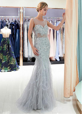 Silver Tulle Scoop Mermaid Evening Dress With Beadings & Feathers