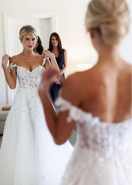 Shop Cheap Tulle Sweetheart  A-line Wedding Dresses With Beaded Lace Appliques