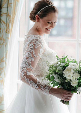 Shop Cheap Tulle Jewel Long Sleeves A-line Wedding Dresses With Lace Appliques