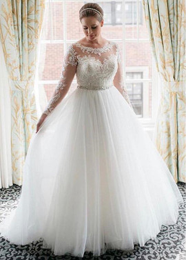 Shop Cheap Tulle Jewel Long Sleeves A-line Wedding Dresses With Lace Appliques