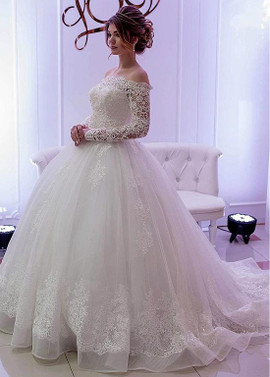 Shop Cheap Tulle Off-the-shoulder  Ball Gown Wedding Dresses With Rhinestones