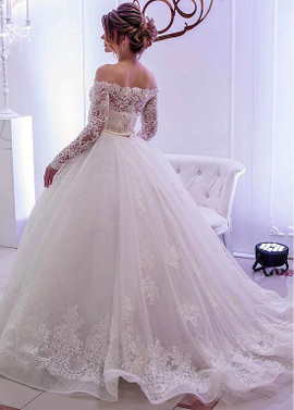 Shop Cheap Tulle Off-the-shoulder  Ball Gown Wedding Dresses With Rhinestones