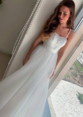 Cheap Shop Tulle Spaghetti Straps A-line Wedding Dresses With Beadings & Belt