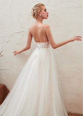 Shop Open Back Tulle V Neck Backless Zipper Full Lace Wedding Dresses with 3D Flower