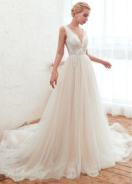 Shop Cheap Beaded Lace Backless Flower Tulle Long Appliques  A-line Wedding Dress