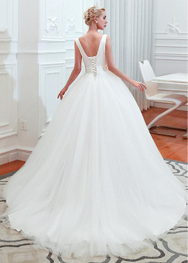 Beautiful Sexy V-neck Tulle Satin  Ball Gown Wedding Dress