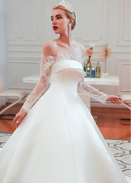 Shop Cheap Off The Shoulder Long Sleeves Ball Gown Lace & Satin Wedding Dress